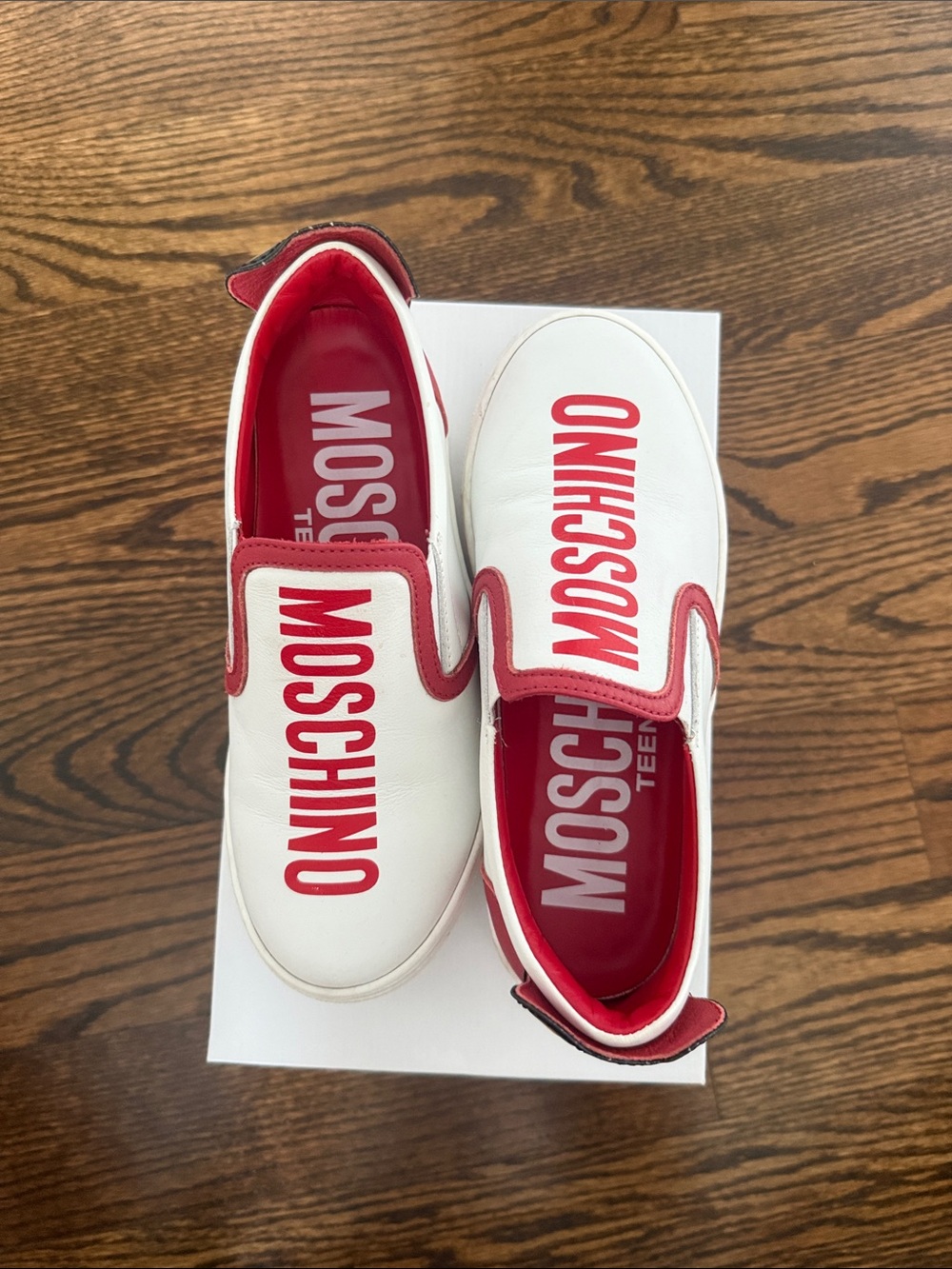 Moschino Teen Logo Leather Slip-On Sneakers White Red  EU 32 / approx US 1-1.5